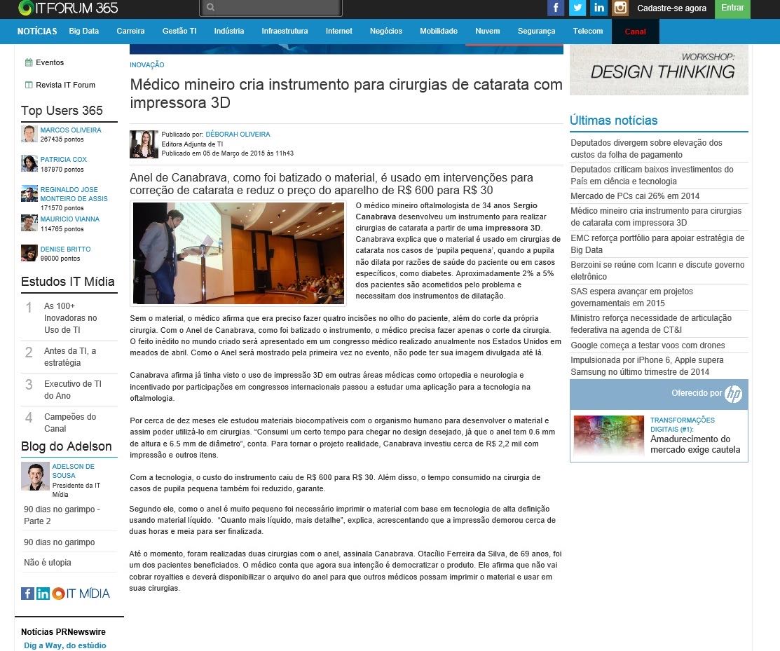 Reportagem do IT Fórum 365 sobre o instrumento de impressão 3D